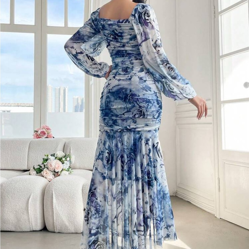 Elegant Blue Floral Women's Dress